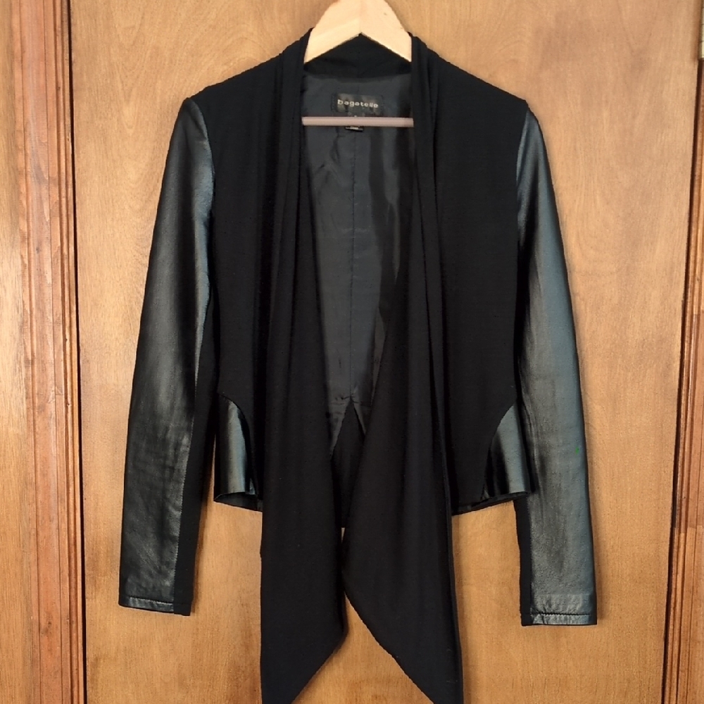 Bagatelle Black Draped Blazer with Genuine Leather Accents Size S